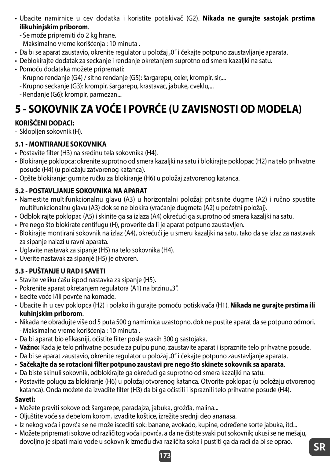 Tefal QB404D38 manual Sokovnik ZA Voće I Povrće U Zavisnosti OD Modela, Sklopljen sokovnik H, Montiranje Sokovnika, 173 