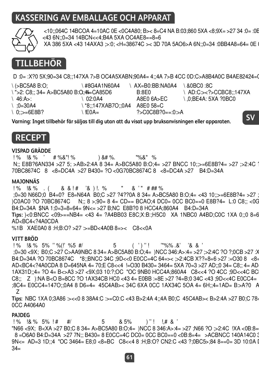 Tefal QB404D38 manual Kassering AV Emballage OCH Apparat, Tillbehör, Recept 