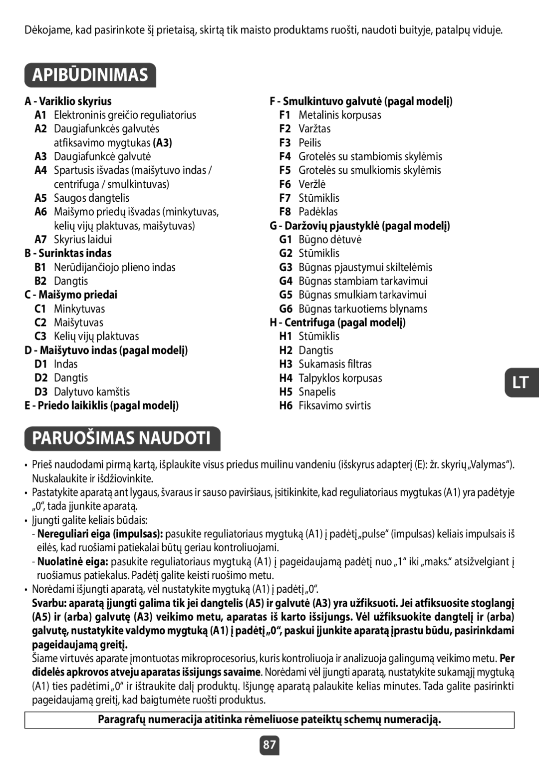 Tefal QB404D38 manual Apibūdinimas, Paruošimas Naudoti, Variklio skyrius, Spartusis išvadas maišytuvo indas 