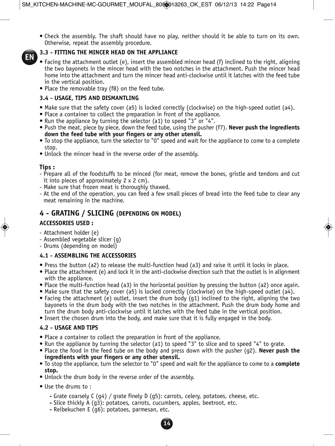 Tefal QB404H38 manual EN 3.3 Fitting the Mincer Head on the Appliance, USAGE, Tips and Dismantling, Usage and Tips 