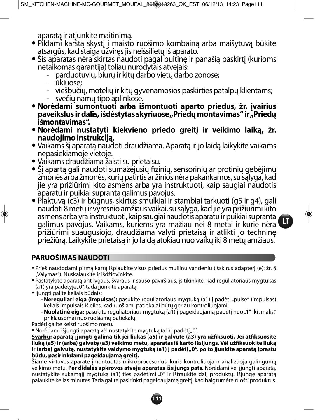 Tefal QB404H38 manual Paruošimas Naudoti, 111 