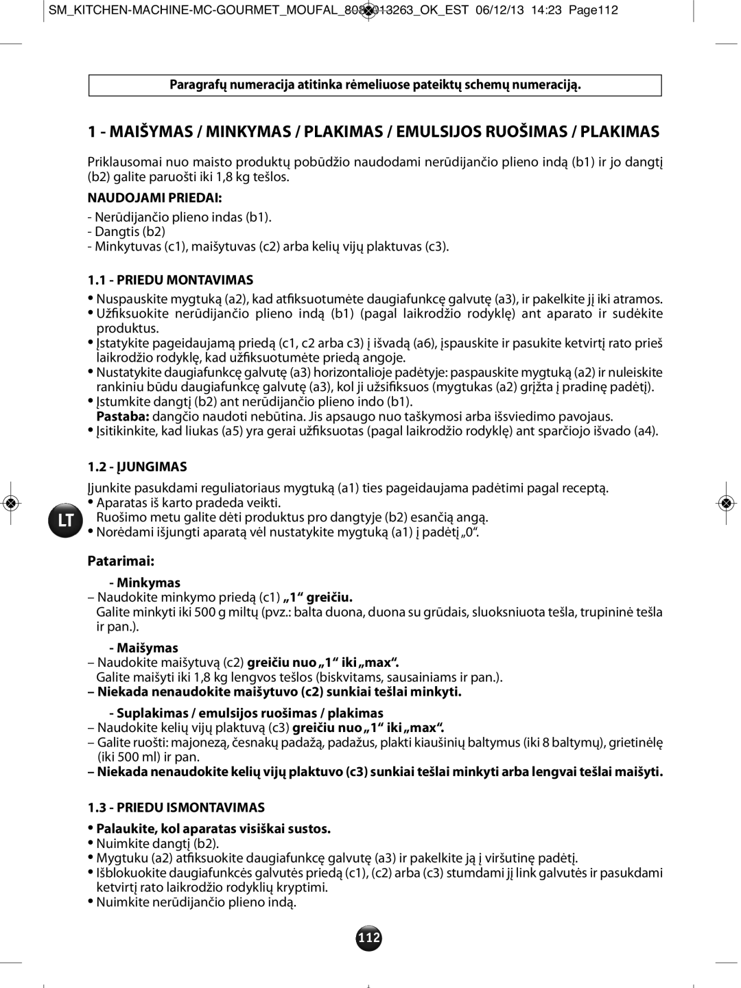 Tefal QB404H38 manual Patarimai, Naudojami Priedai, Priedu Montavimas, Įjungimas, Priedu Ismontavimas 