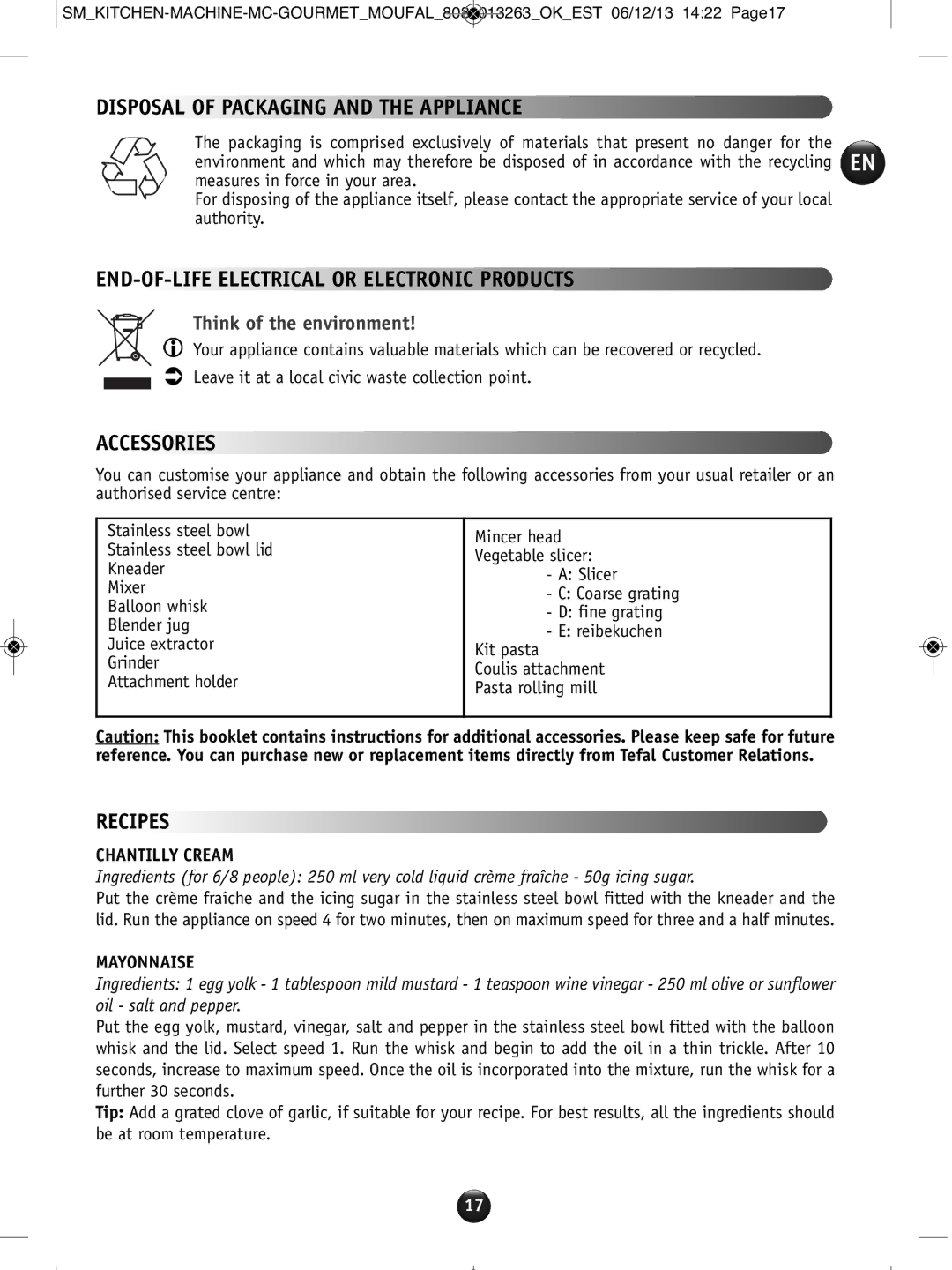 Tefal QB404H38 manual Disposal of Packaging and the Appliance, END-OF-LIFE Electrical or Electronic Products, Accessories 