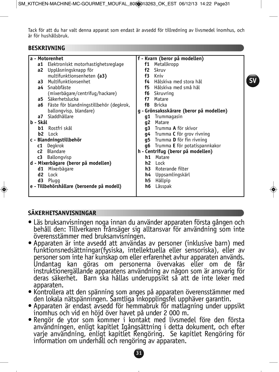 Tefal QB404H38 manual Beskrivning, Säkerhetsanvisningar 