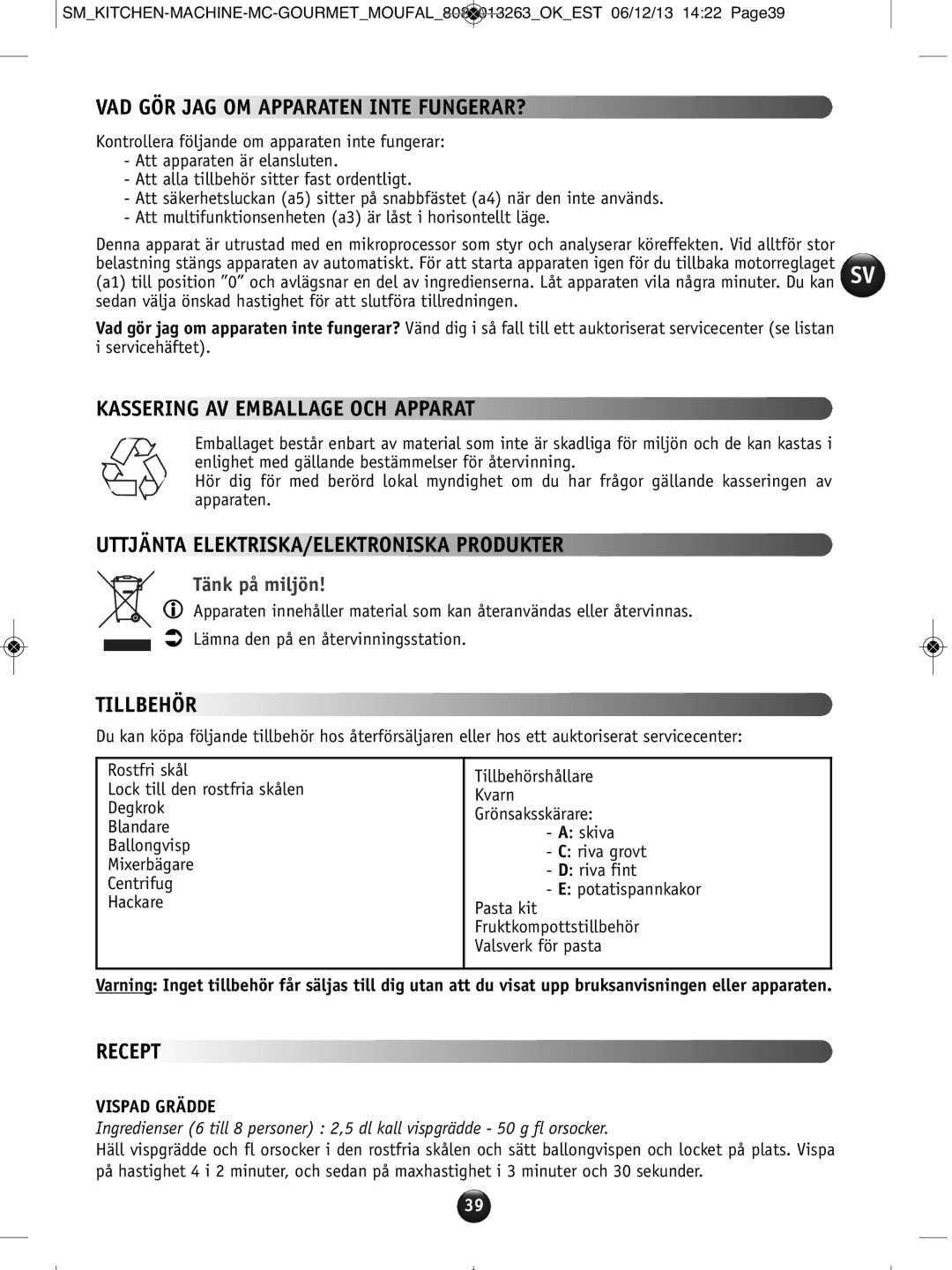 Tefal QB404H38 manual VAD GÖR JAG OM Apparaten Inte FUNGERAR?, Kassering AV Emballage OCH Apparat, Tillbehör, Recept 