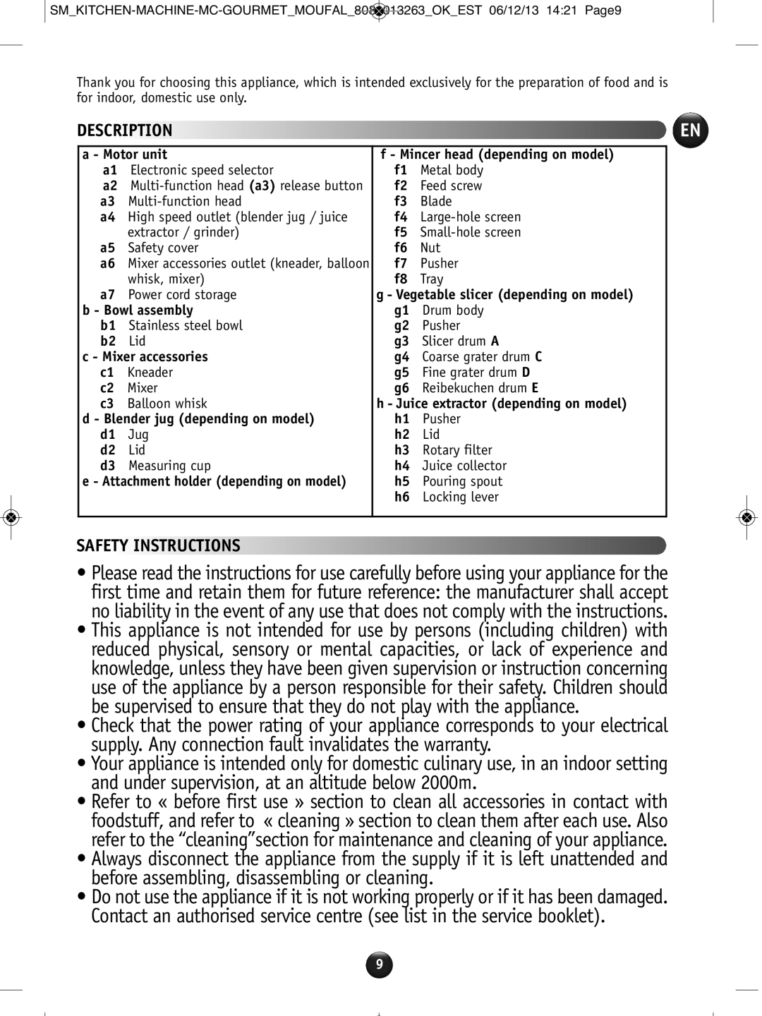 Tefal QB404H38 manual Description, Safety Instructions, Pouring spout Locking lever 