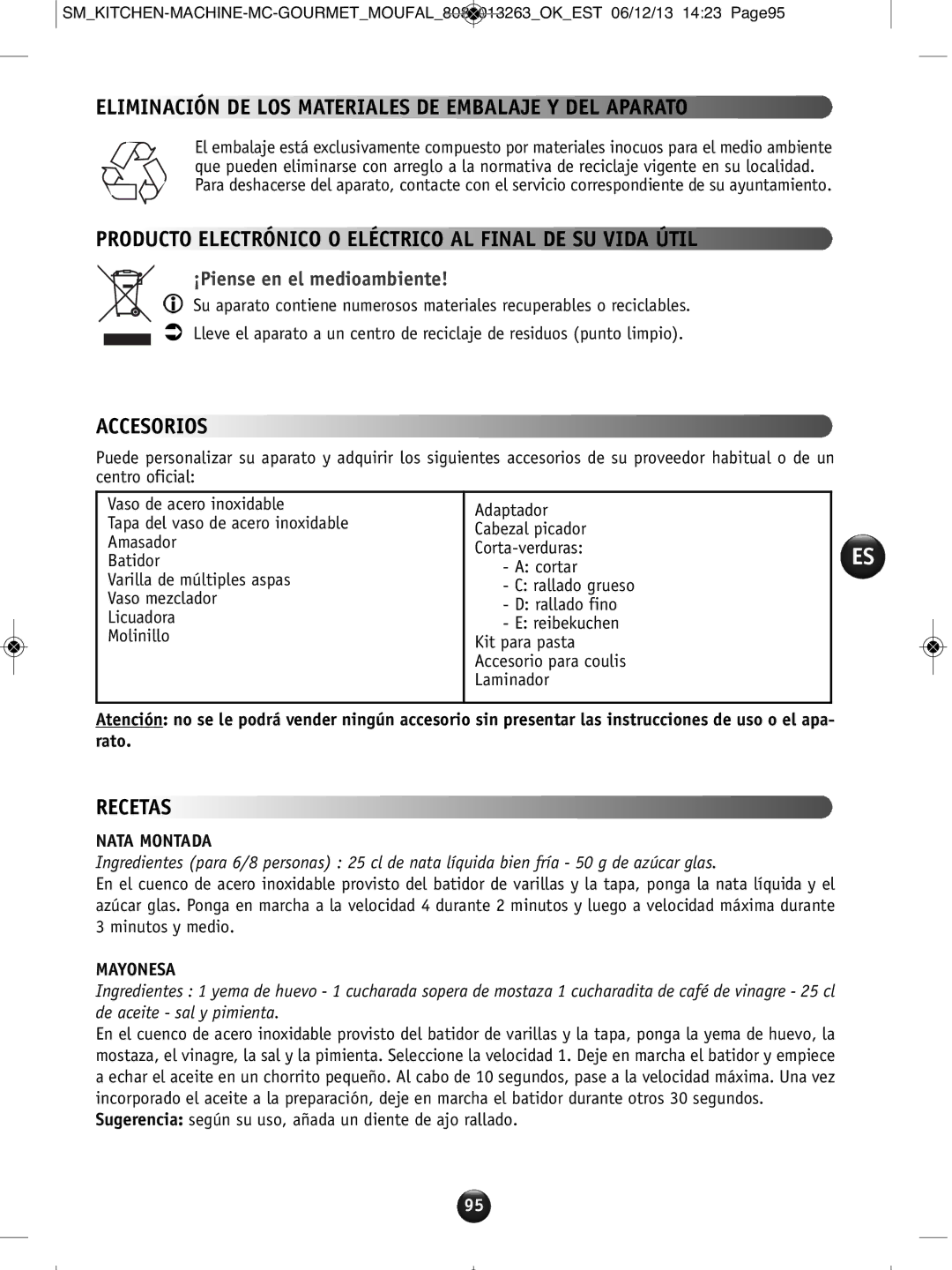 Tefal QB404H38 manual Eliminación DE LOS Materiales DE Embalaje Y DEL Aparato, Accesorios, Recetas 