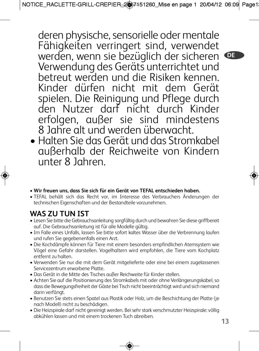 Tefal RE123101 manual Fähigkeiten verringert sind, verwendet 