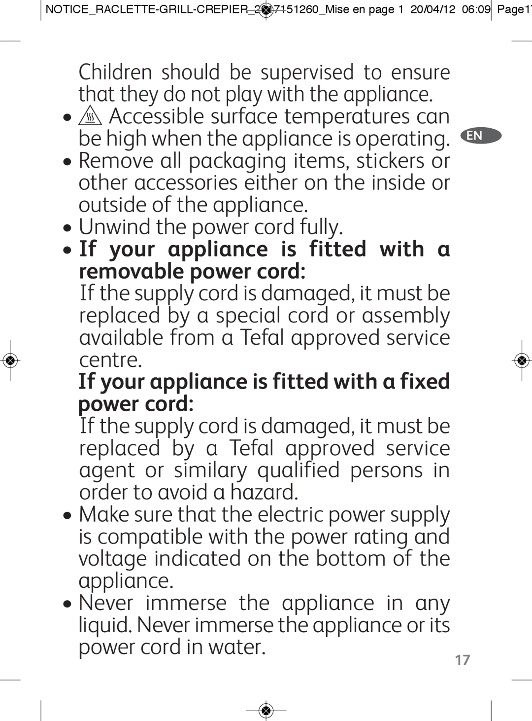 Tefal RE123101 manual If your appliance is fitted with a removable power cord 