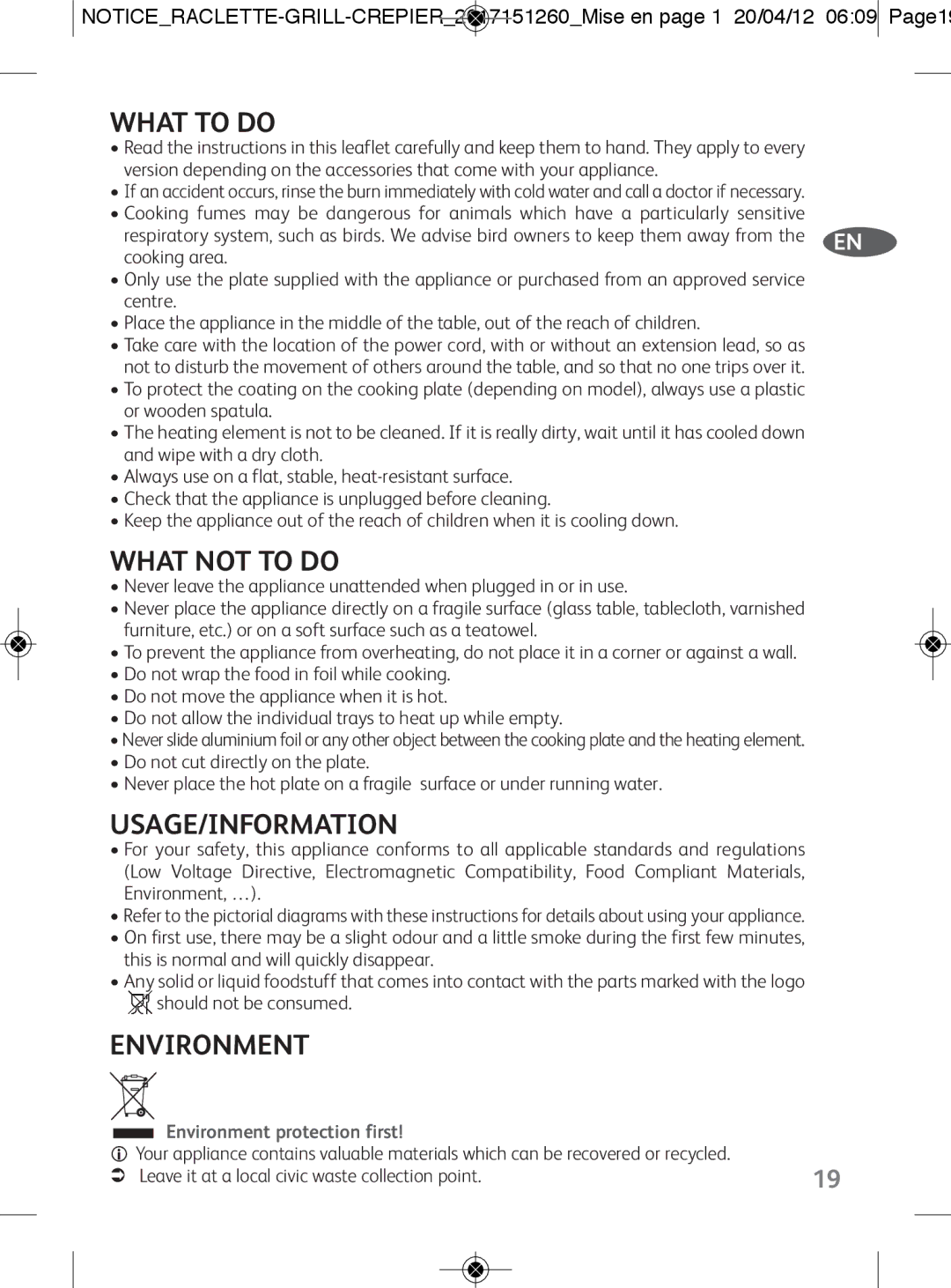 Tefal RE123101 manual What to do, What not to do, Usage/Information, Environment protection first 