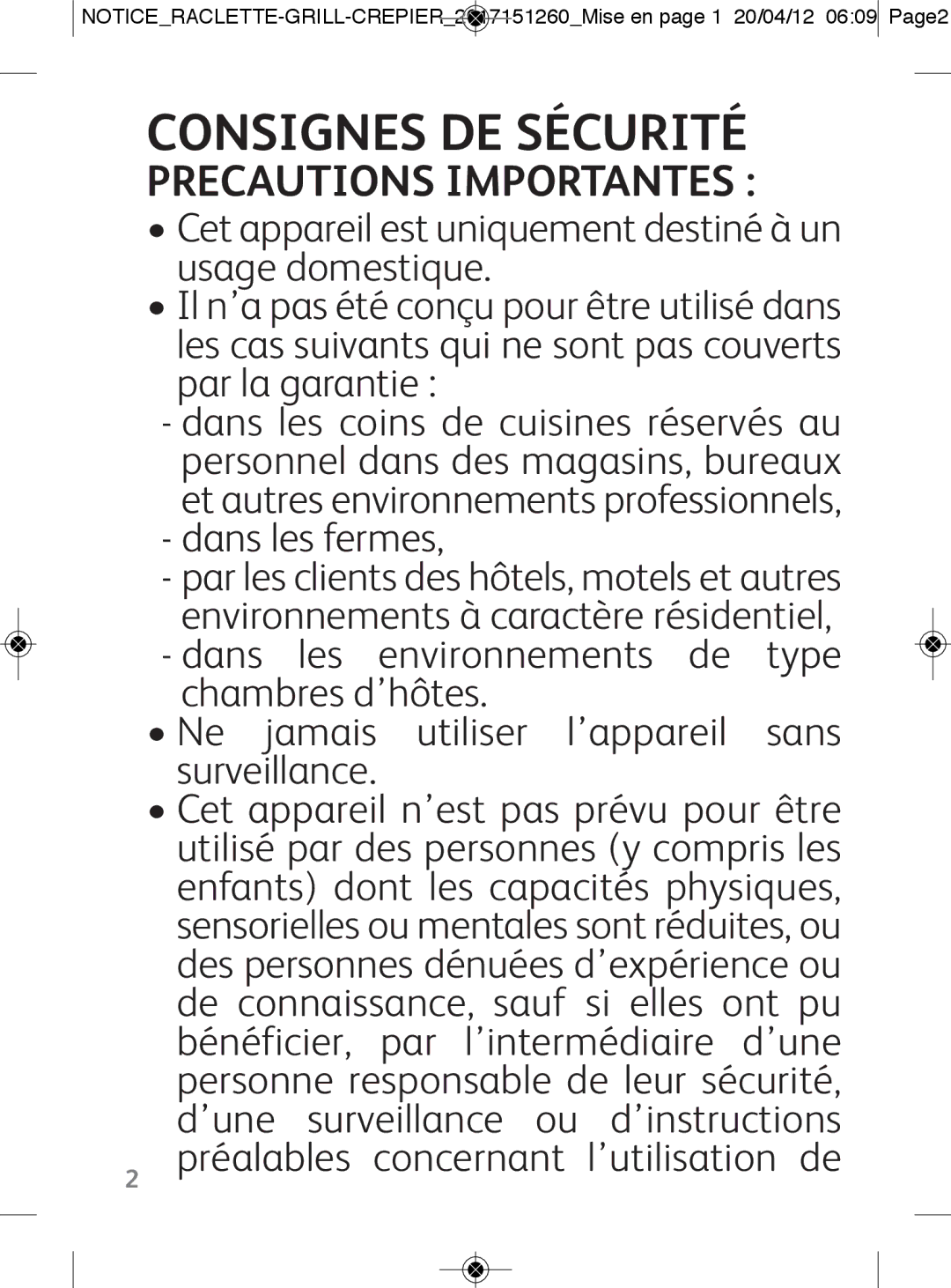 Tefal RE123101 manual Consignes DE Sécurité, Precautions Importantes, Dans les fermes 