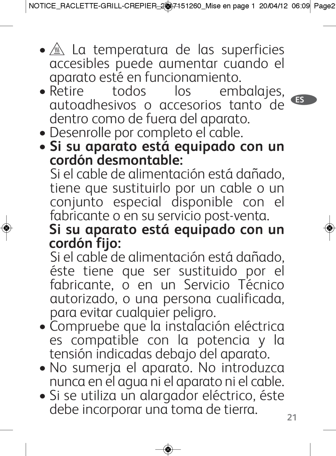 Tefal RE123101 manual Si su aparato está equipado con un cordón desmontable, Si su aparato está equipado con un cordón fijo 