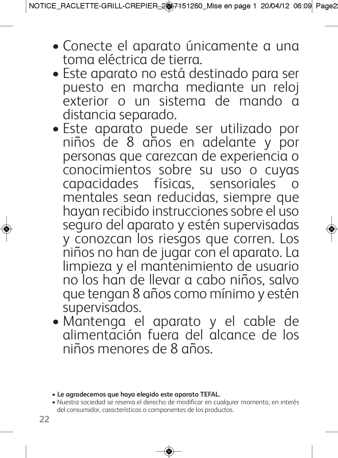 Tefal RE123101 manual Le agradecemos que haya elegido este aparato Tefal 