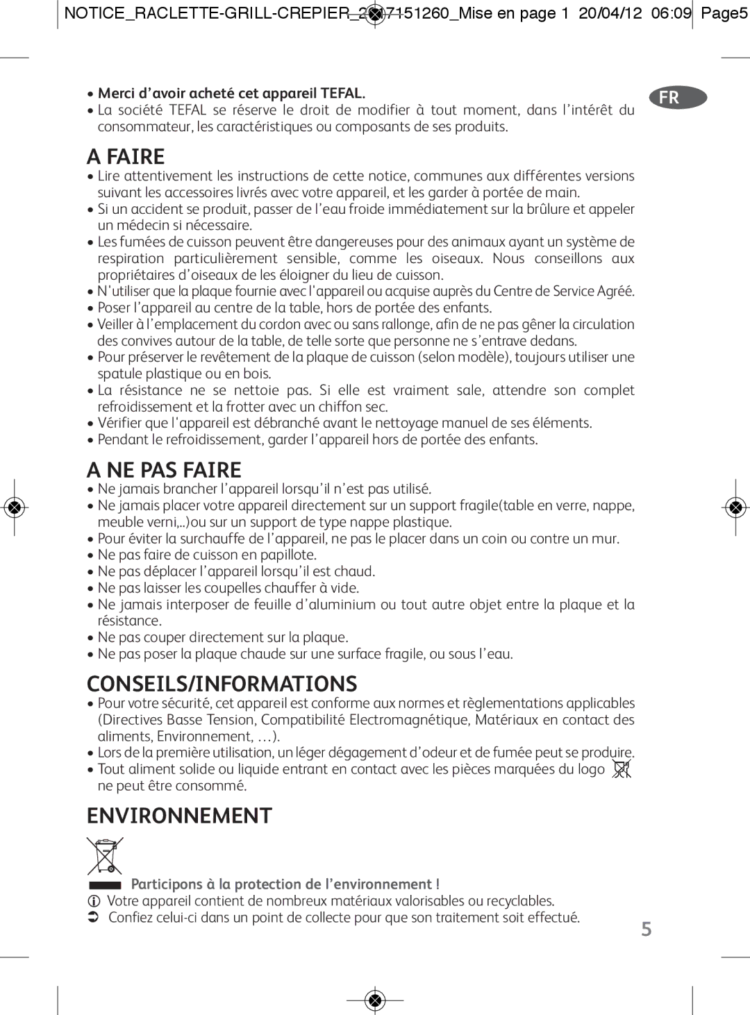 Tefal RE123101 NE PAS Faire, Conseils/Informations, Environnement, Participons à la protection de l’environnement 