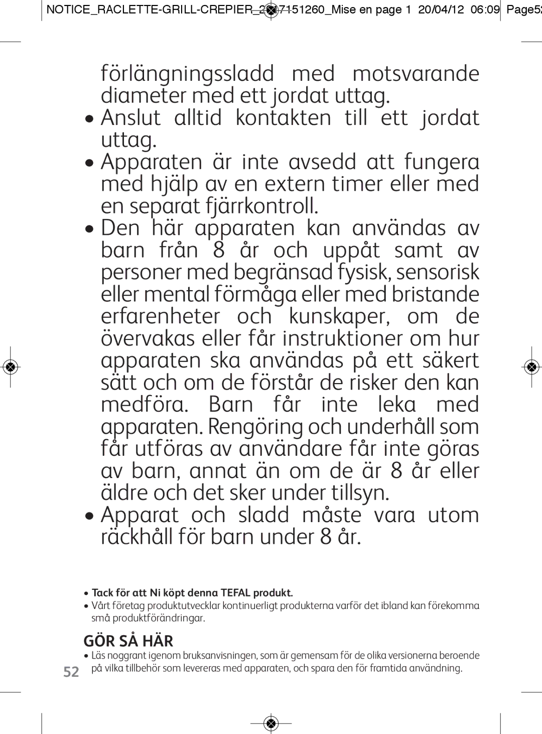 Tefal RE123101 manual Gör Så Här, Tack för att Ni köpt denna Tefal produkt 