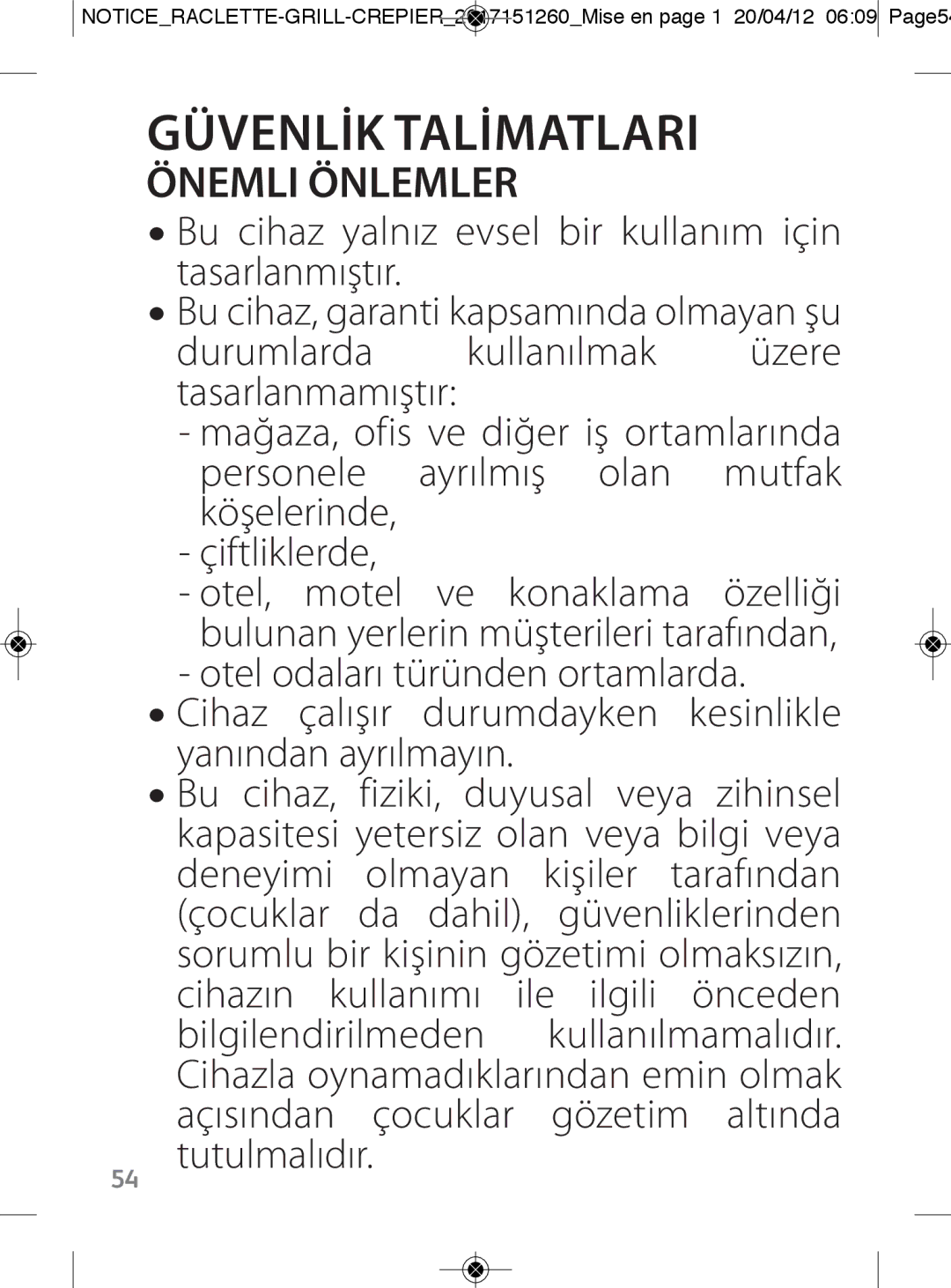 Tefal RE123101 manual Güvenlİk Talİmatlari, Önemli Önlemler 