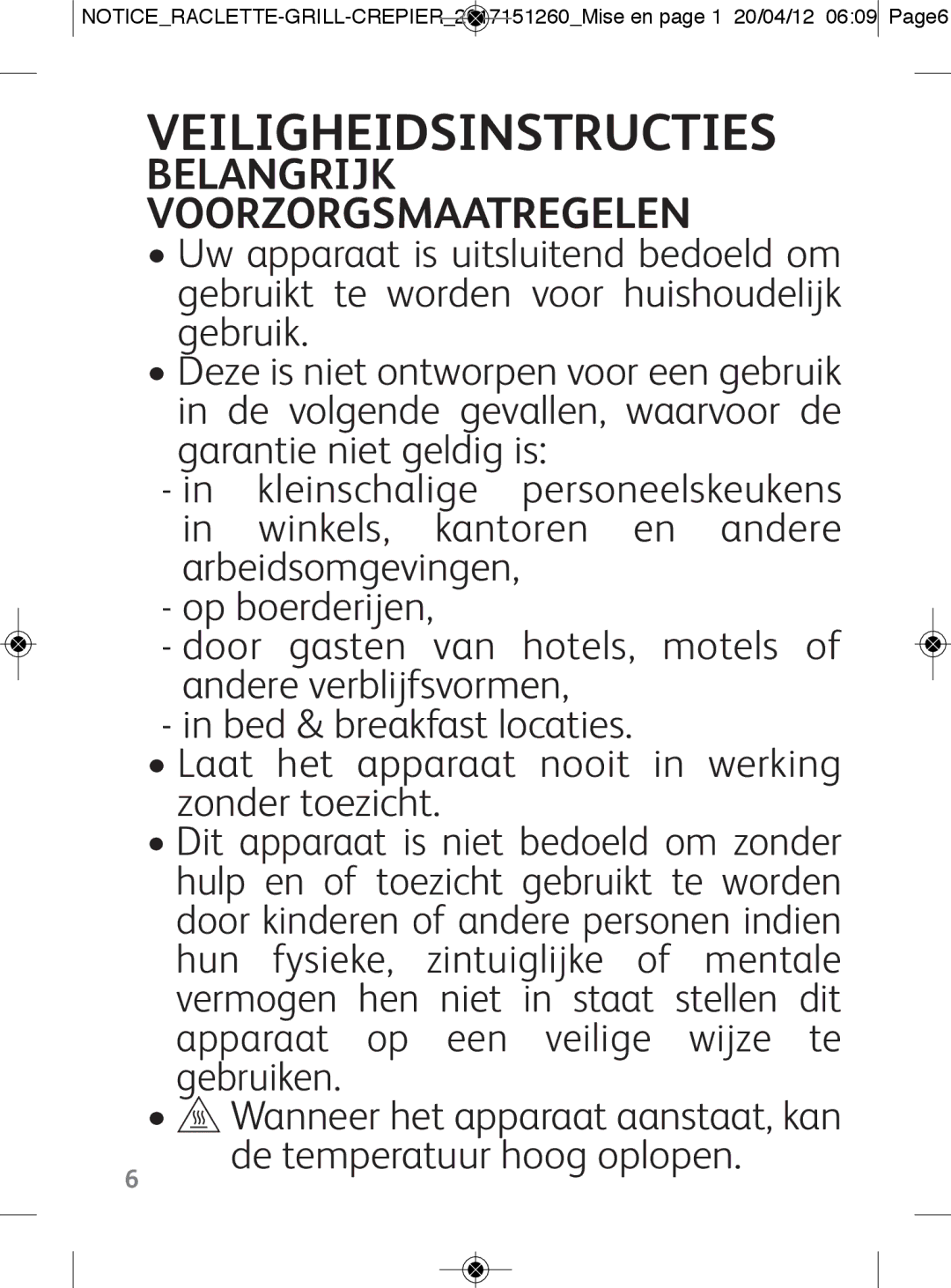 Tefal RE123101 manual Veiligheidsinstructies, Belangrijk Voorzorgsmaatregelen 