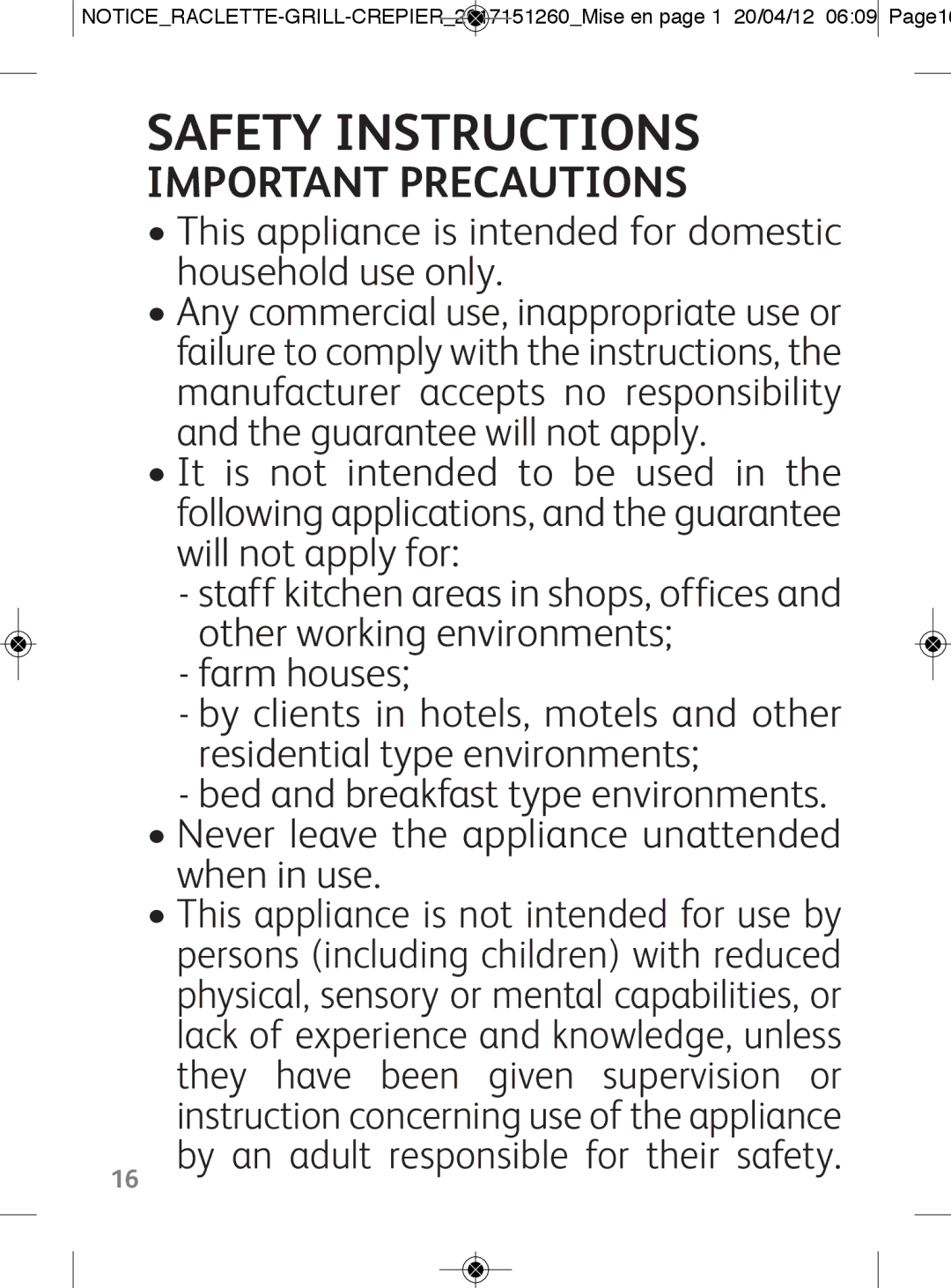 Tefal RE138O12 Safety Instructions, Important Precautions, This appliance is intended for domestic household use only 