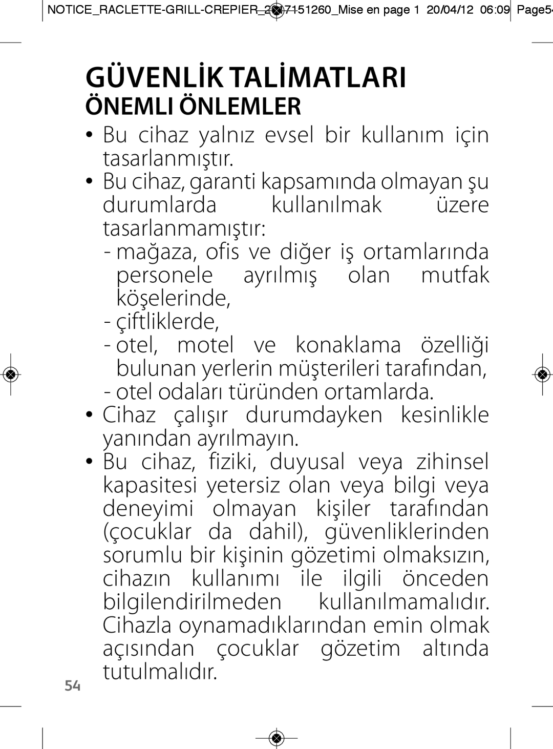 Tefal RE138O12 manual Güvenlİk Talİmatlari, Önemli Önlemler 