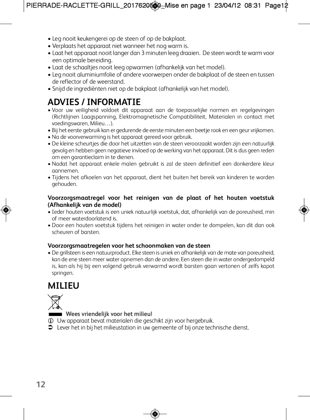 Tefal RE300112 manual Advies / Informatie, Milieu, Voorzorgsmaatregelen voor het schoonmaken van de steen 