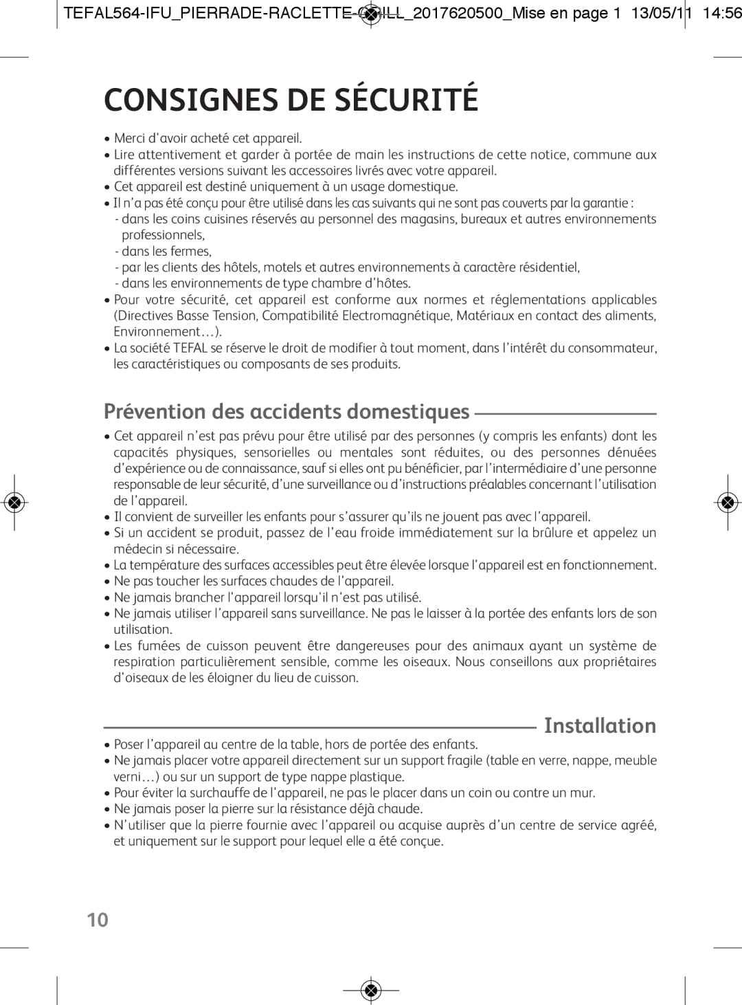 Tefal RE455012 manual Consignes DE Sécurité, Prévention des accidents domestiques, Installation 