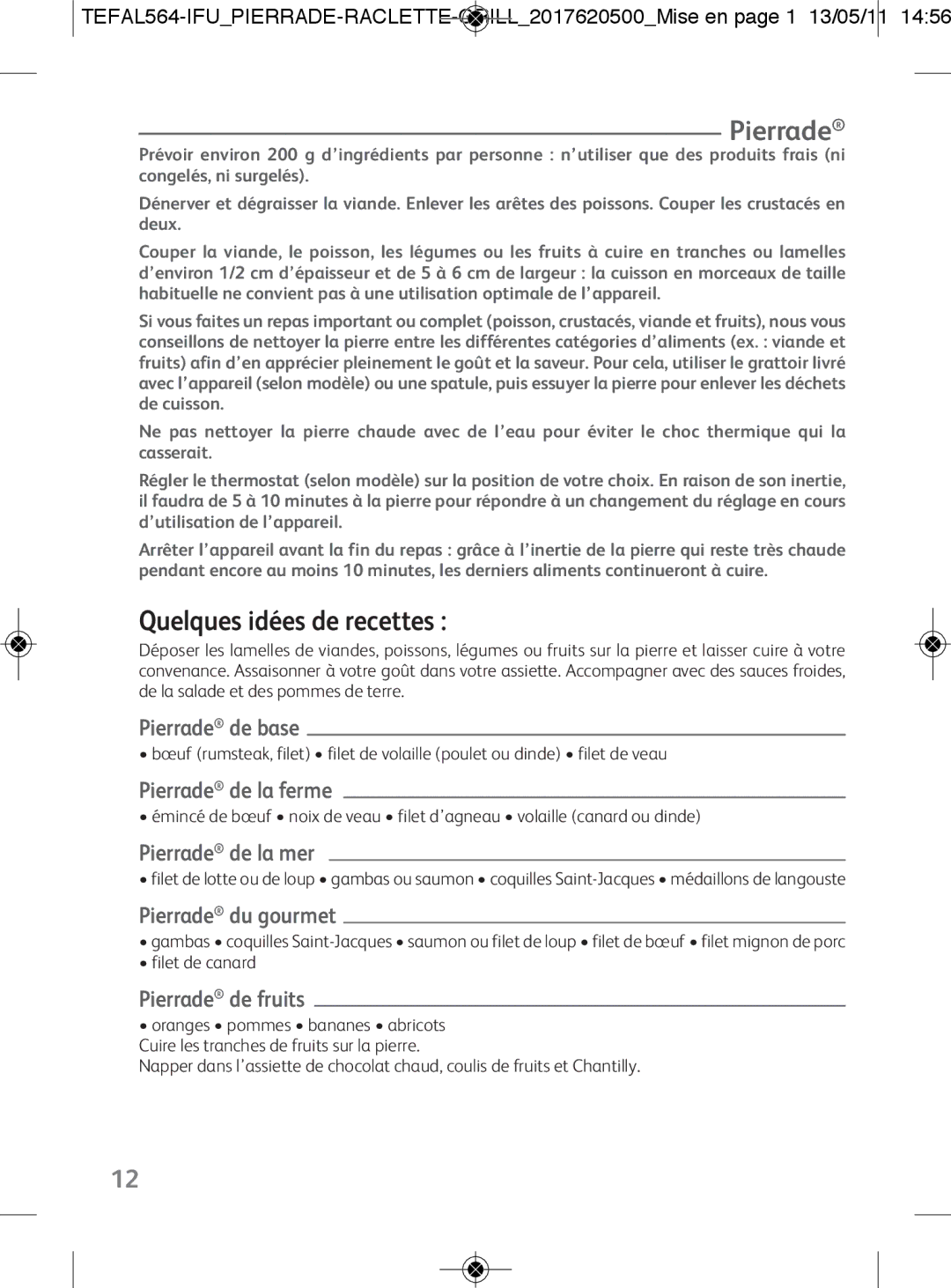 Tefal RE455012 manual Pierrade, Quelques idées de recettes 