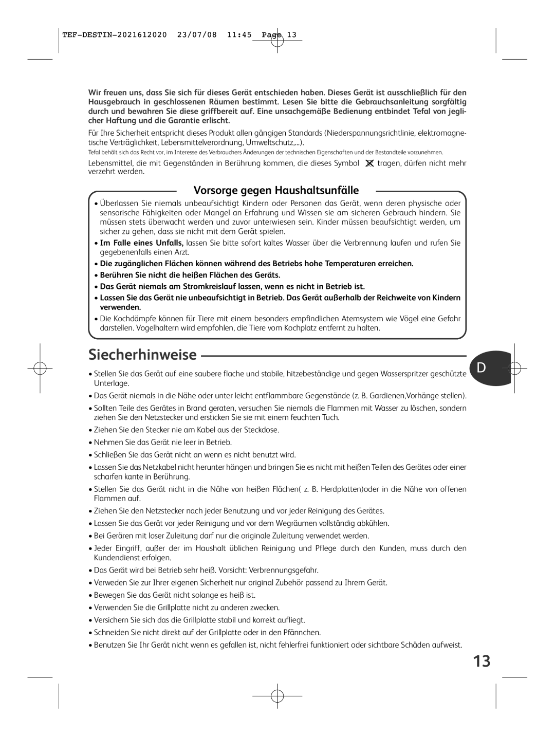 Tefal RE590012 manual Siecherhinweise, Vorsorge gegen Haushaltsunfälle 