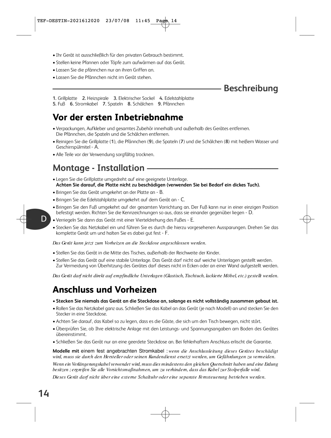 Tefal RE590012 manual Beschreibung, Vor der ersten Inbetriebnahme, Anschluss und Vorheizen 