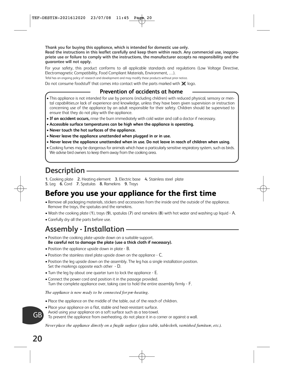 Tefal RE590012 Before you use your appliance for the first time, Assembly Installation, Prevention of accidents at home 