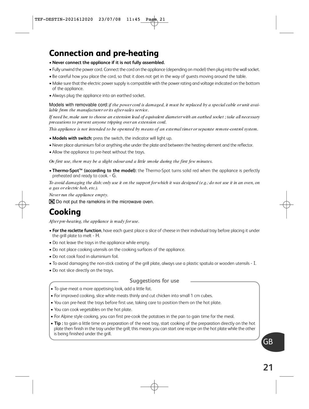 Tefal RE590012 manual Connection and pre-heating, Cooking, Suggestions for use 