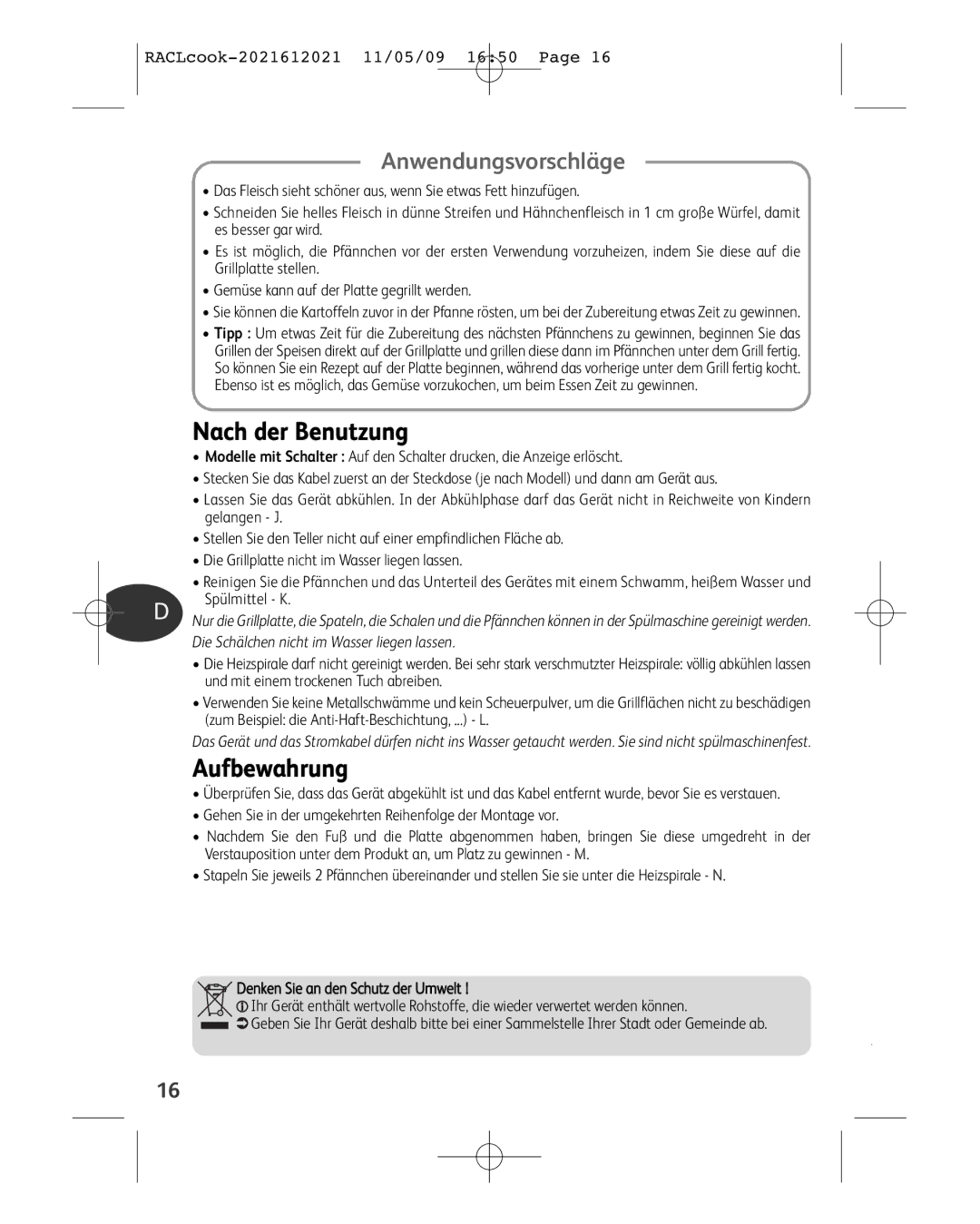 Tefal RE591012 manual Nach der Benutzung, Aufbewahrung 