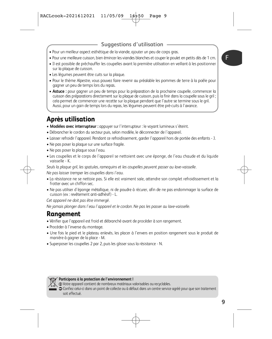 Tefal RE591012 manual Après utilisation, Rangement, Suggestions d’utilisation 