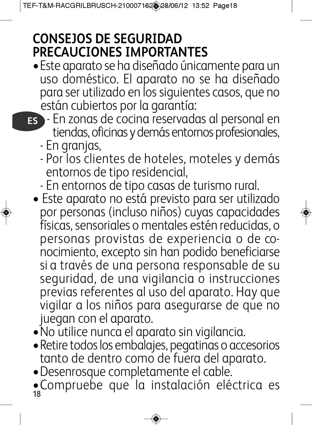 Tefal RE901601 manual Consejos DE Seguridad Precauciones Importantes, TEF-T&M-RACGRILBRUSCH-2100071627 28/06/12 1352 Page18 