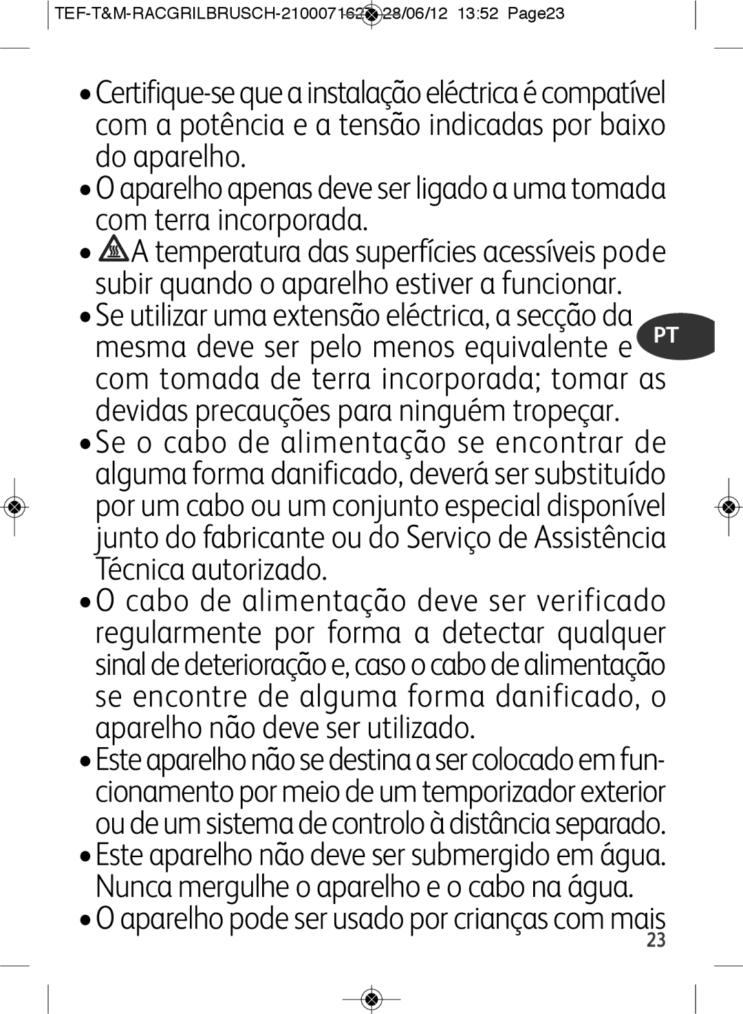 Tefal RE901601 manual Aparelho pode ser usado por crianças com mais, TEF-T&M-RACGRILBRUSCH-2100071627 28/06/12 1352 Page23 