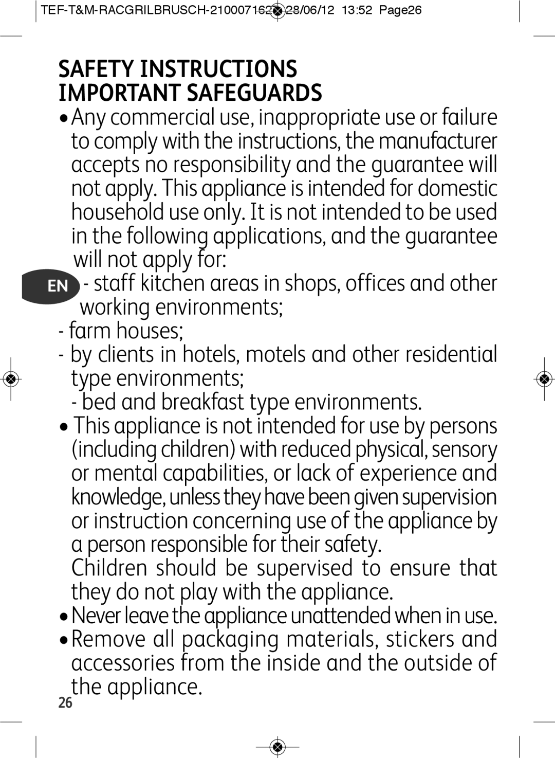 Tefal RE901601 manual Safety Instructions Important Safeguards, TEF-T&M-RACGRILBRUSCH-2100071627 28/06/12 1352 Page26 