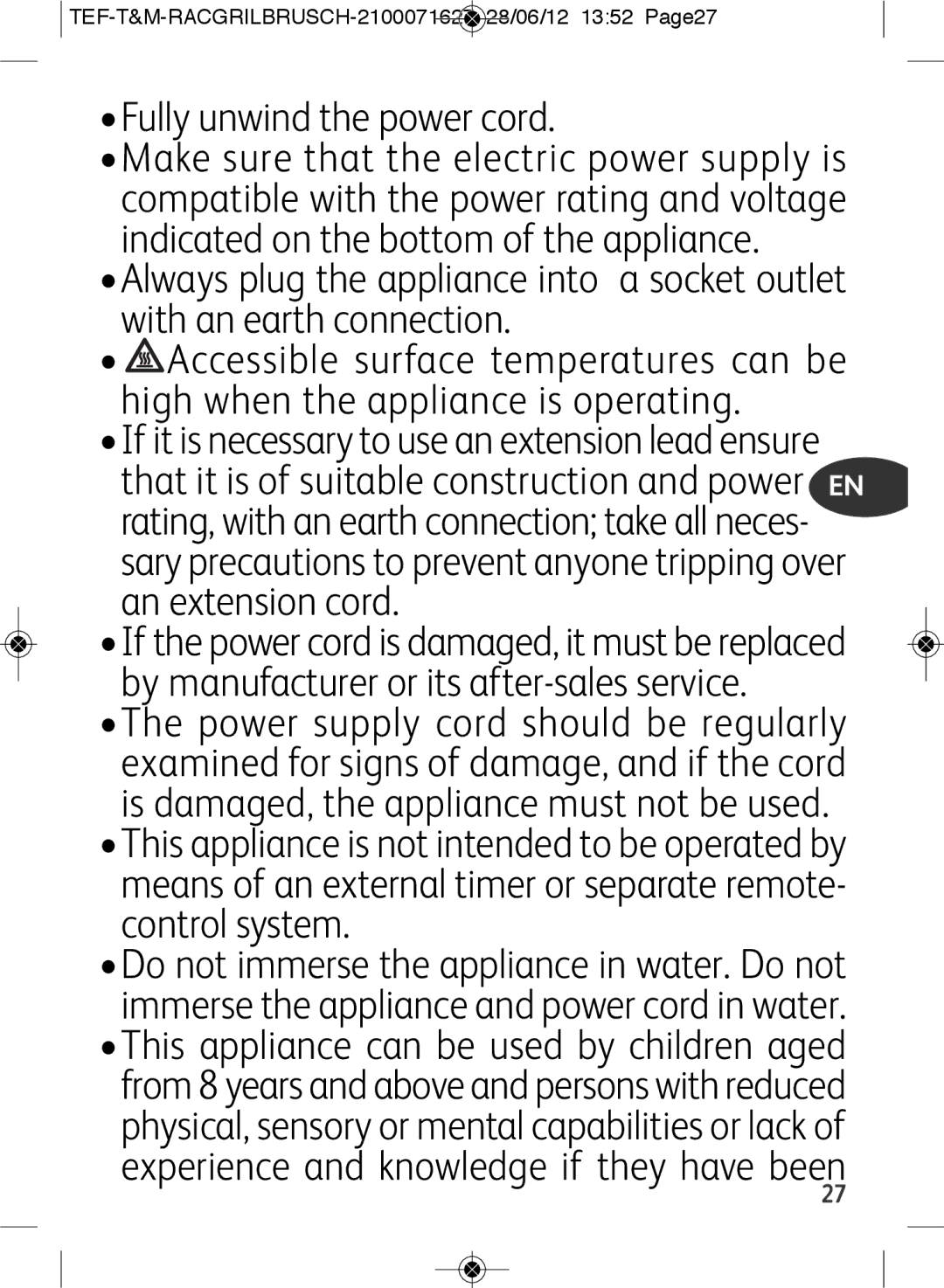 Tefal RE901601 manual Fully unwind the power cord, TEF-T&M-RACGRILBRUSCH-2100071627 28/06/12 1352 Page27 