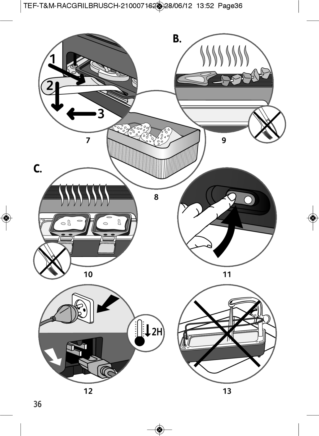 Tefal RE901601 manual TEF-T&M-RACGRILBRUSCH-2100071627 28/06/12 1352 Page36 