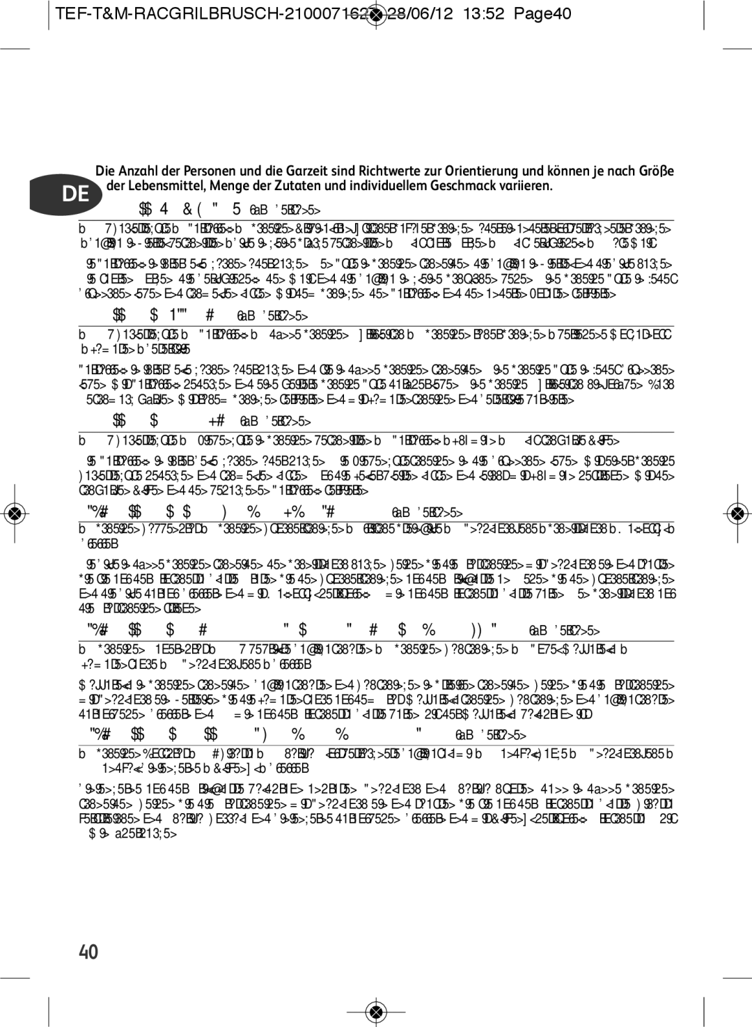 Tefal RE901601 manual TEF-T&M-RACGRILBRUSCH-2100071627 28/06/12 1352 Page40, Raclette «Savoyarde» für 2 Personen 