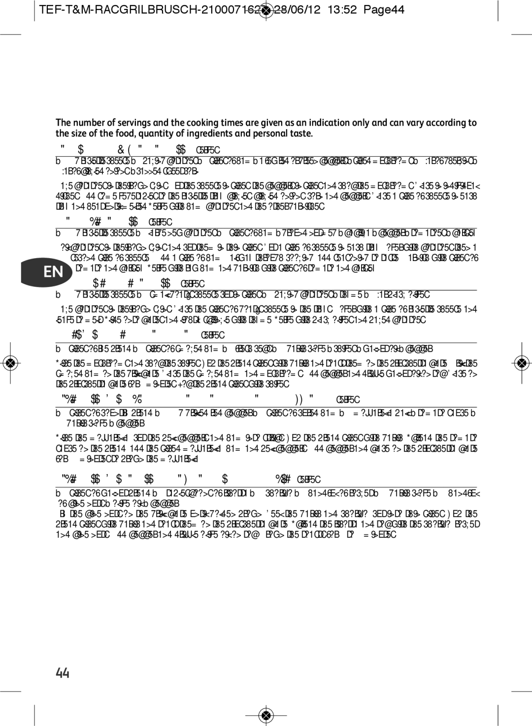 Tefal RE901601 manual TEF-T&M-RACGRILBRUSCH-2100071627 28/06/12 1352 Page44, Traditional Savoyarde raclette serves 