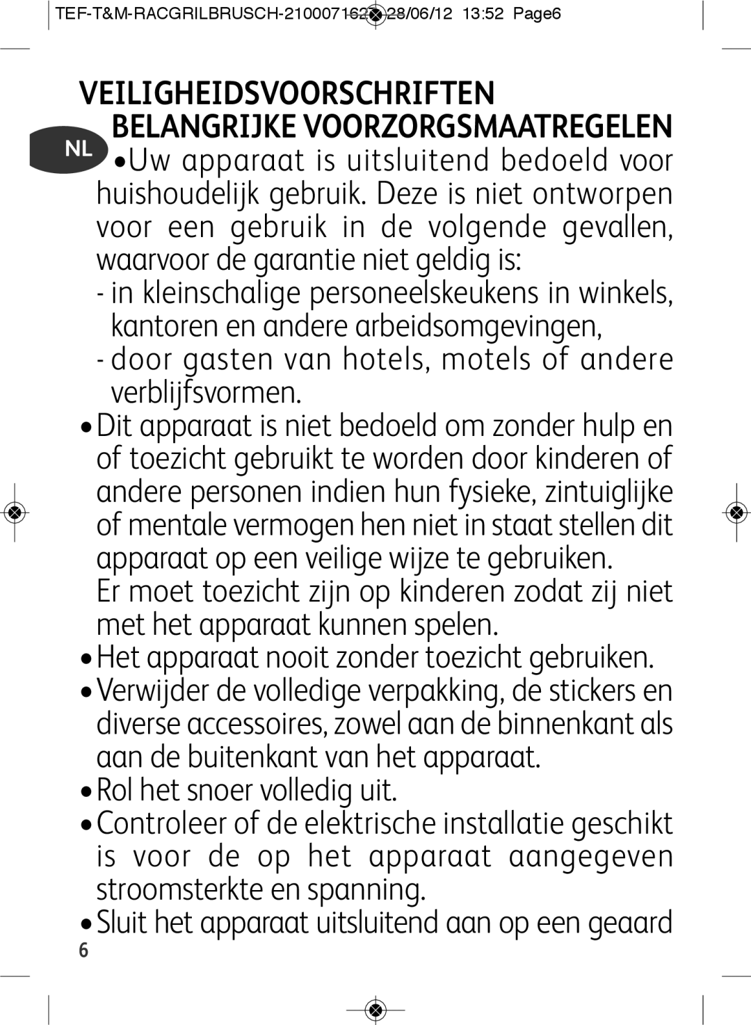 Tefal RE901601 manual Door gasten van hotels, motels of andere verblijfsvormen 