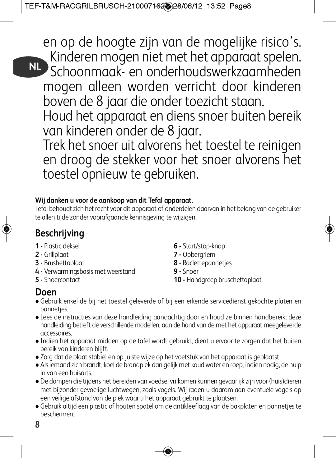 Tefal RE901601 manual Beschrijving, Doen, TEF-T&M-RACGRILBRUSCH-2100071627 28/06/12 1352 Page8 