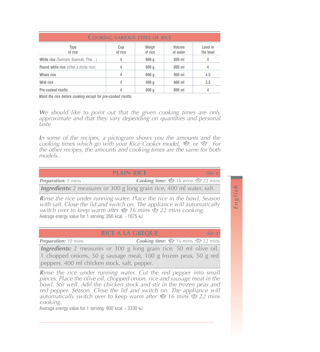 Tefal RK100832, RK100815, RK100870, RK100851, RK100831 manual Plain Rice, Rice a LA Greque 