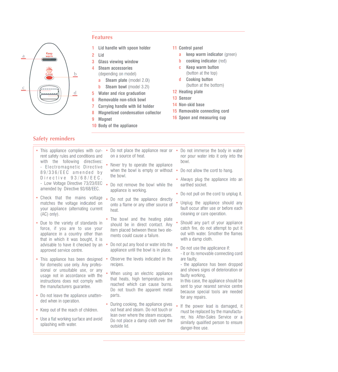 Tefal RK100851, RK100832, RK100815, RK100870, RK100831 manual Features, Safety reminders 