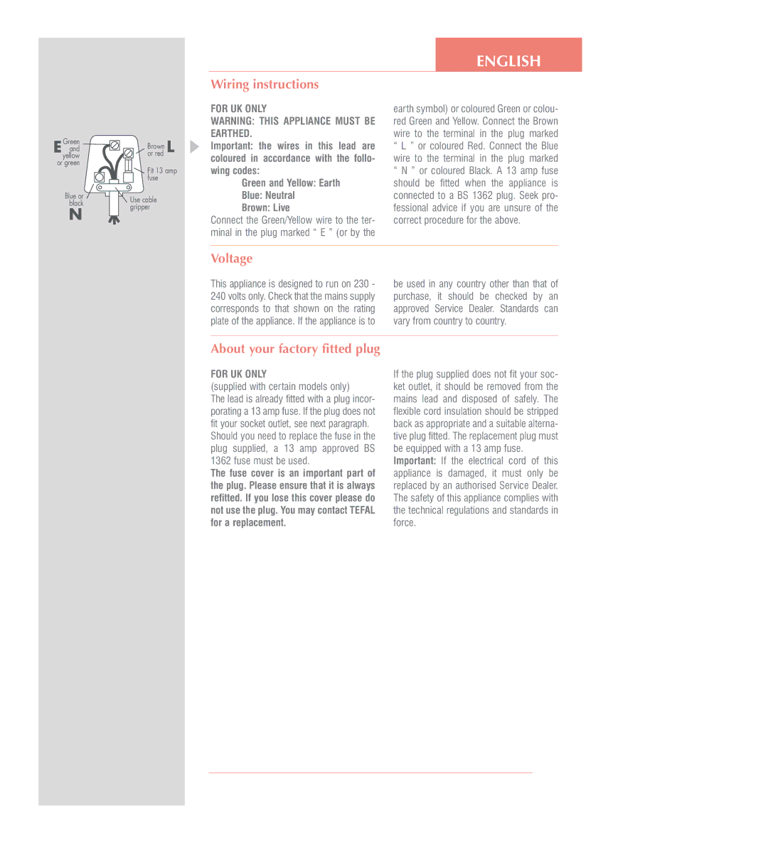 Tefal RK100831, RK100832 Wiring instructions, Voltage, About your factory fitted plug, Supplied with certain models only 