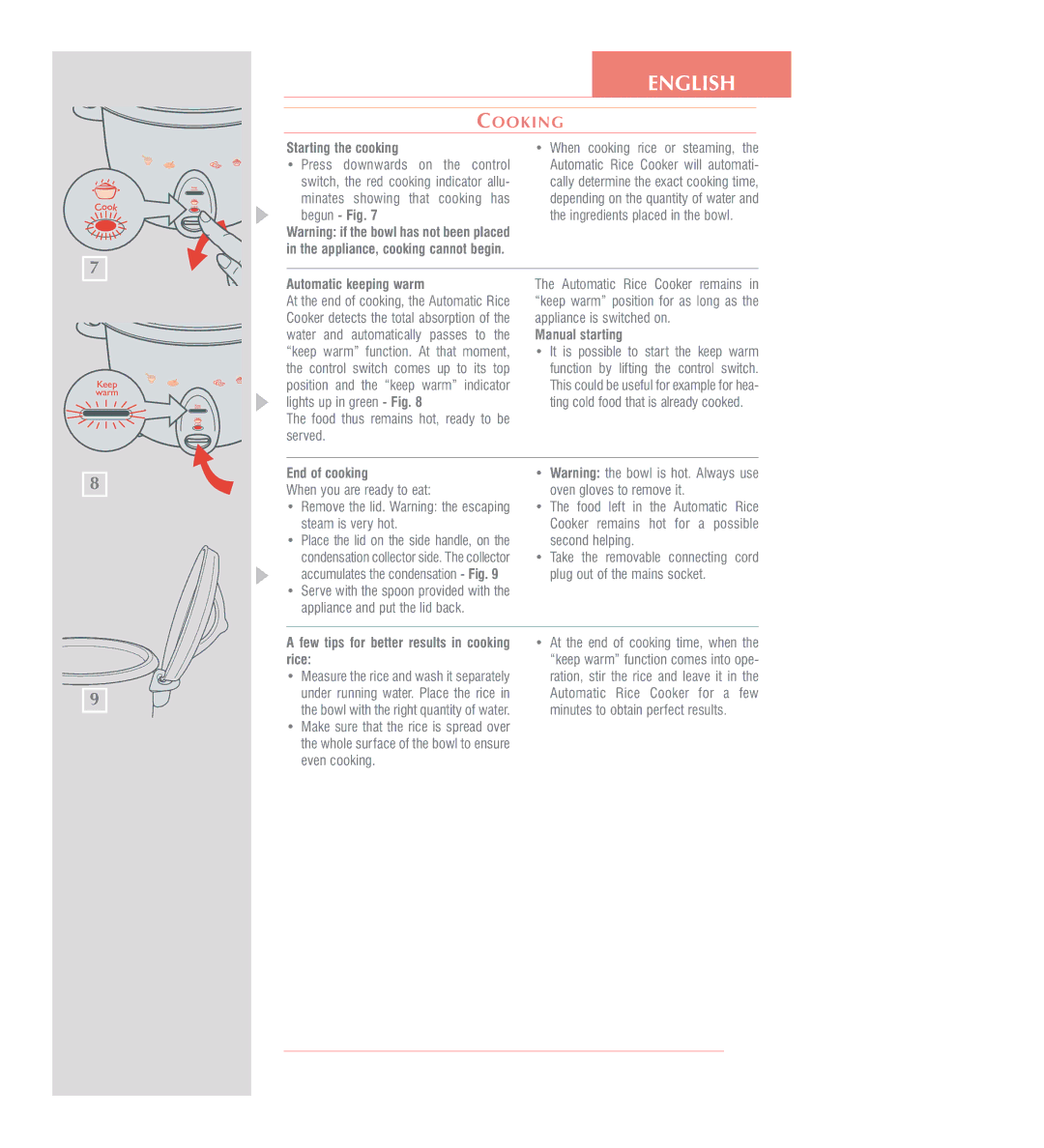 Tefal RK100815, RK100832, RK100870, RK100851 manual Starting the cooking, Begun Fig, Automatic keeping warm, End of cooking 