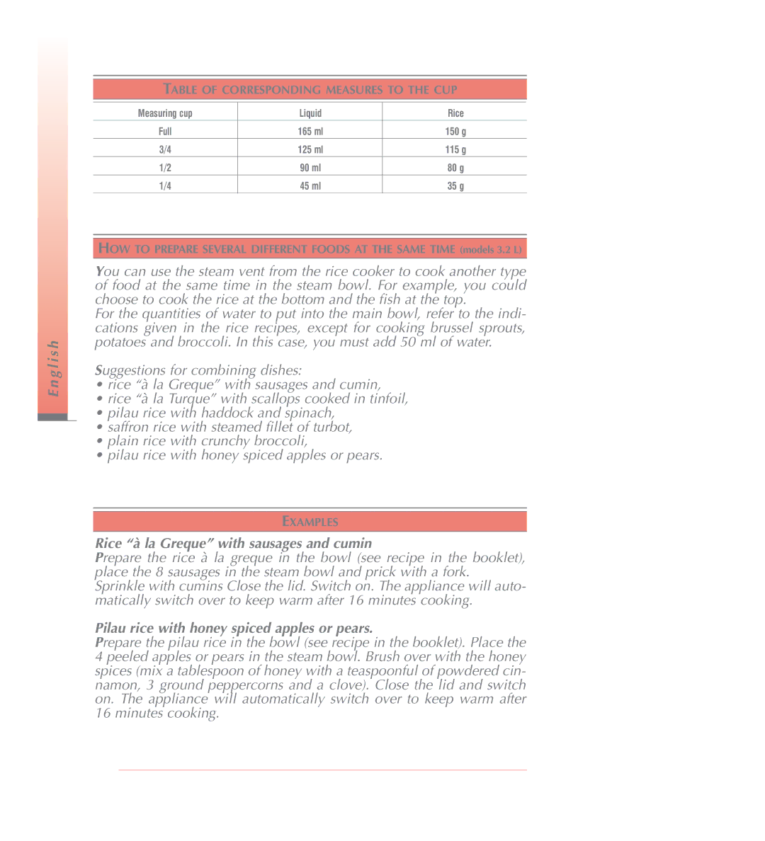 Tefal RK100831, RK100832, RK100815, RK100870, RK100851 manual G l i s h, Measuring cup Liquid Rice 