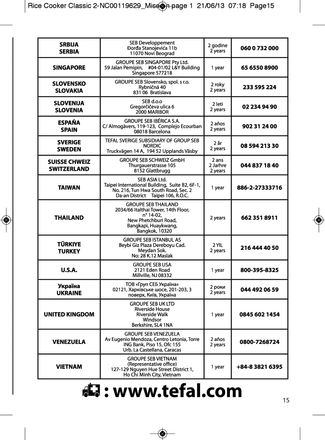 Tefal RK101115, RK1011CH, RK101131 manual Srbija, Thailand, Vietnam 