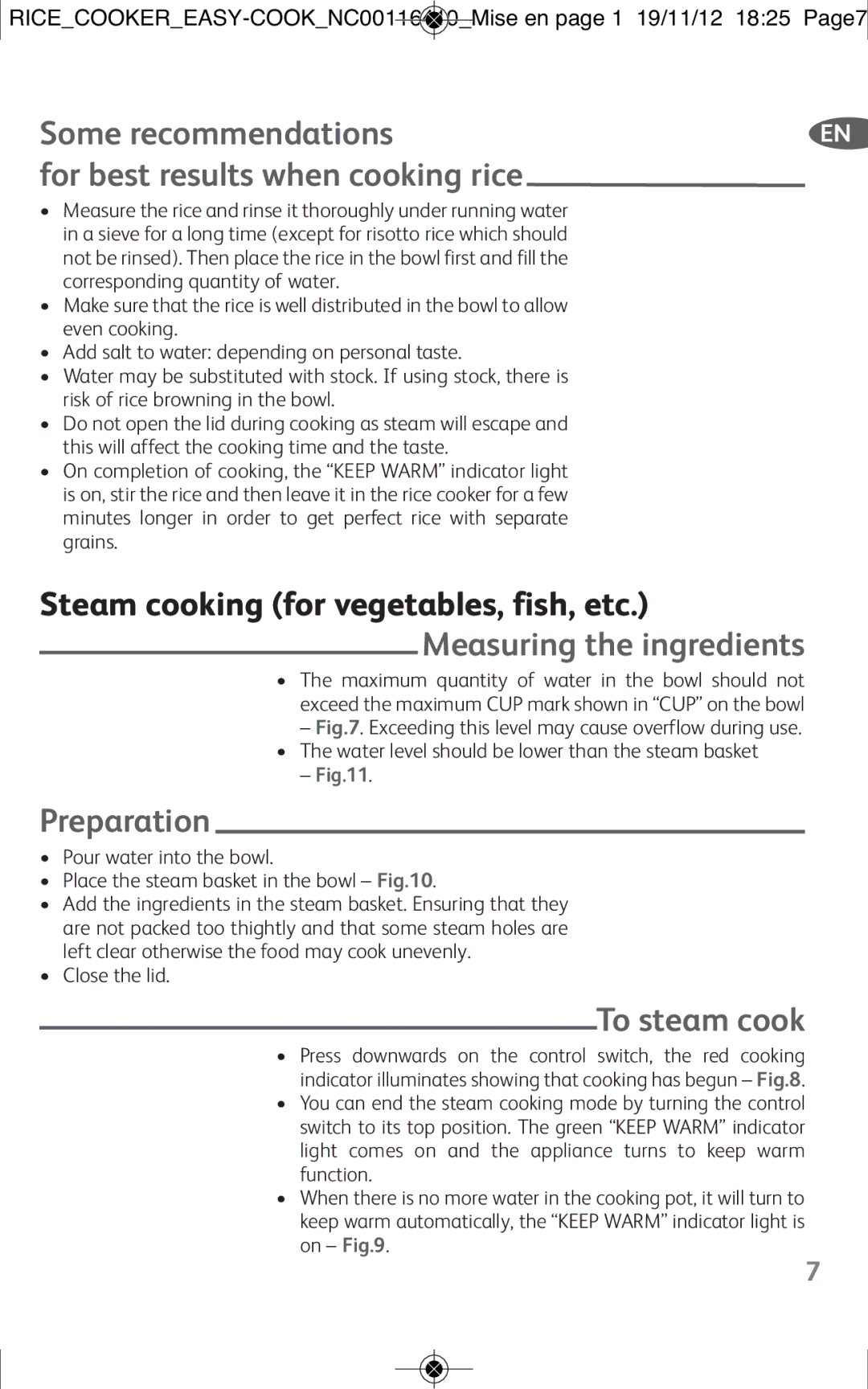 Tefal RK1018TH, RK101825, RK101827 manual Some recommendations For best results when cooking rice, Preparation, To steam cook 