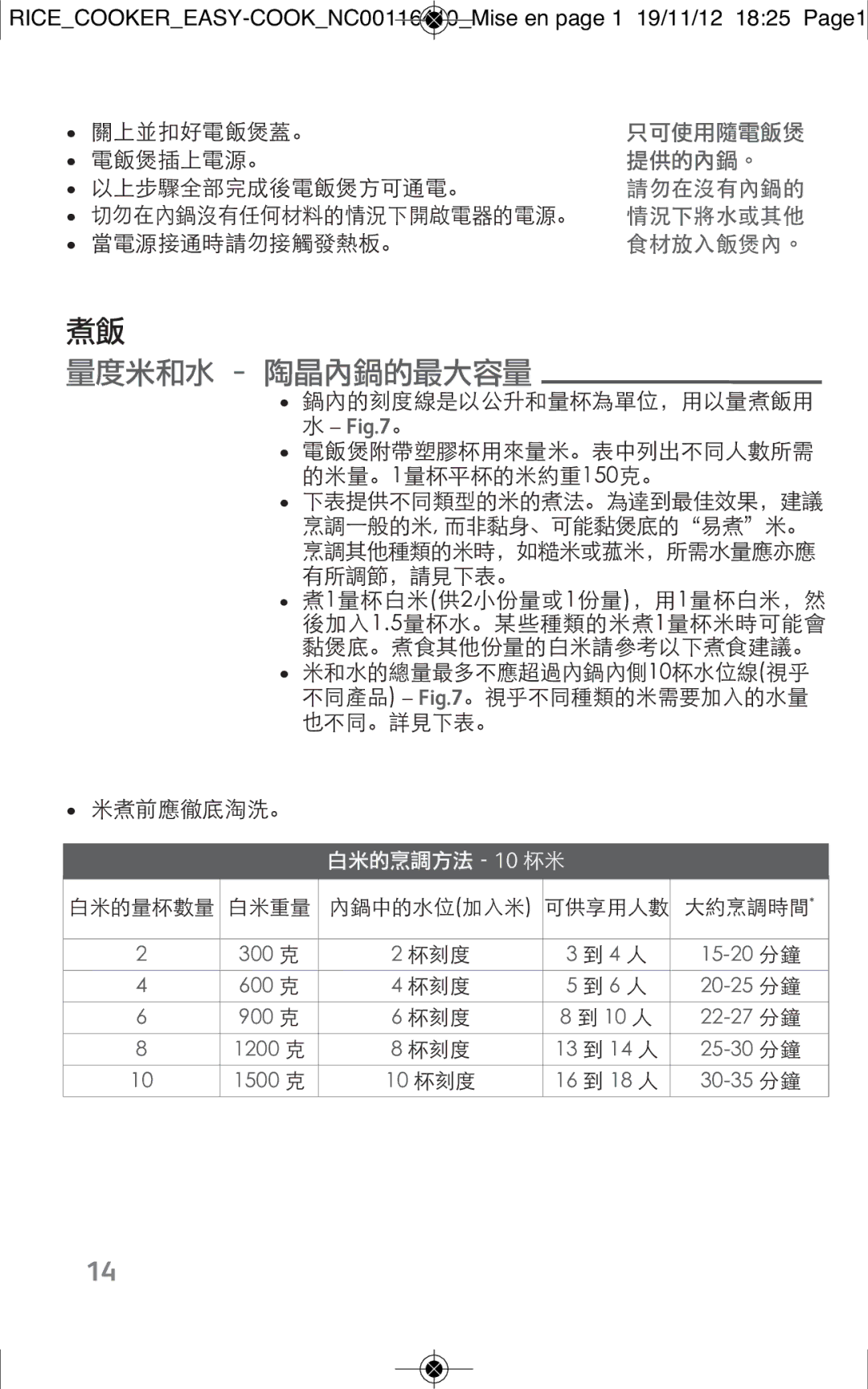 Tefal RK101827, RK101825, RK1018TH manual 量度米和水 陶晶內鍋的最大容量 