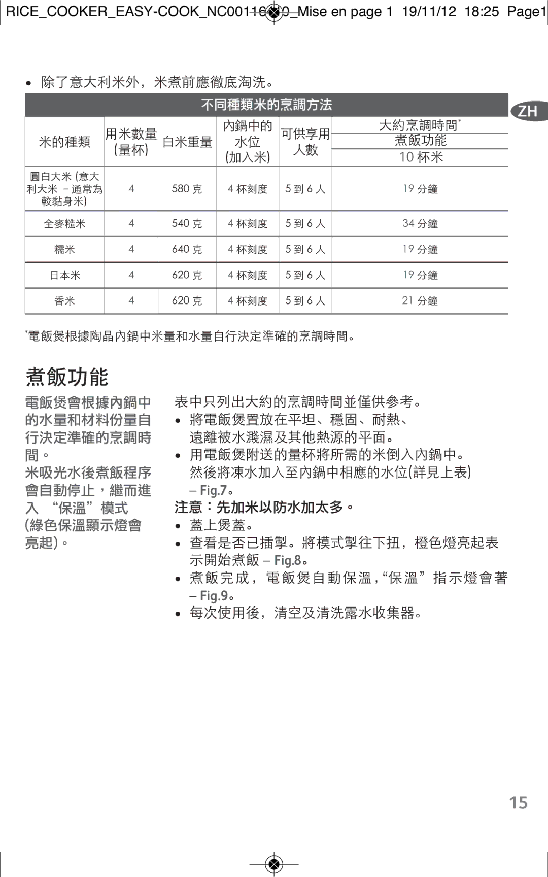 Tefal RK101825, RK1018TH, RK101827 manual 煮飯功能 